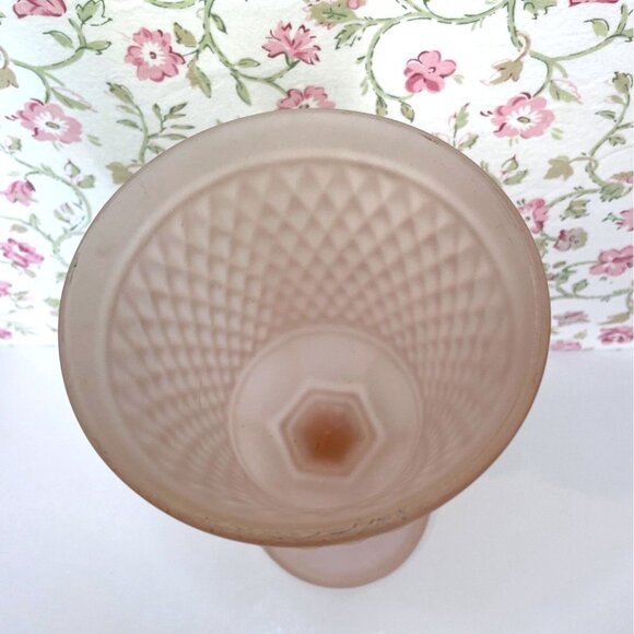 Vintage Pink Satin Diamond Point Chalice Vase, Frosted Depression Glass - Picture 4 of 11